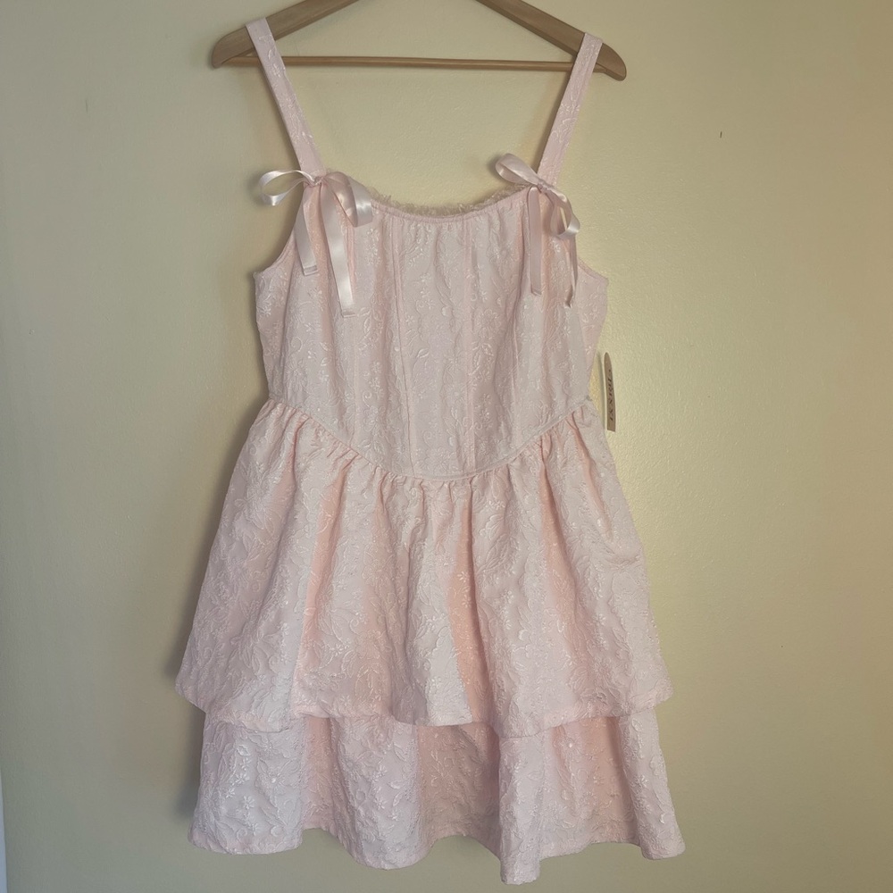 Pink Lace Corset Dress Bow Straps Tiered Mini XL Coquette Balletcore Barbiecore - Picture 8 of 14